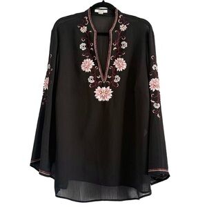 ⭐️ Dress Barn Black Blouse with Pink Floral Embroidery Size 14